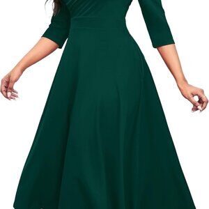 Women's Casual Wrap Flared Midi Dress Wedding Guest Cocktail Tea Dresses A-Line